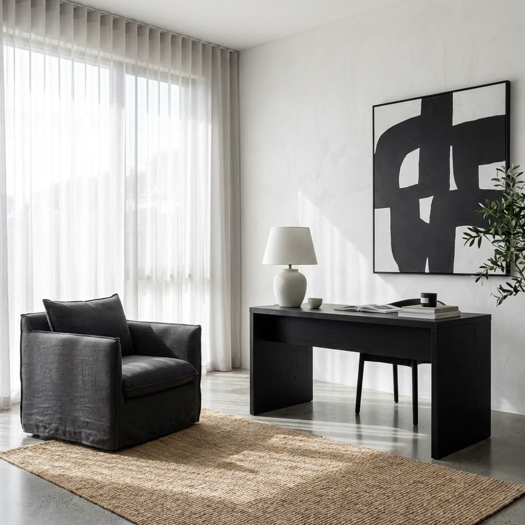 Consultório acolhedor em tons neutros, imagem de fundo com luz suave